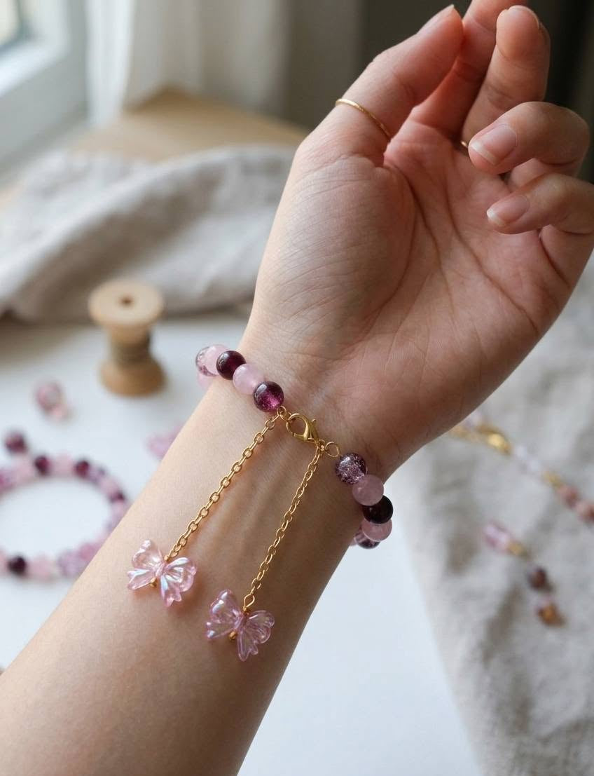 Bangle-style Butterfly Charm Beaded Bracelet
