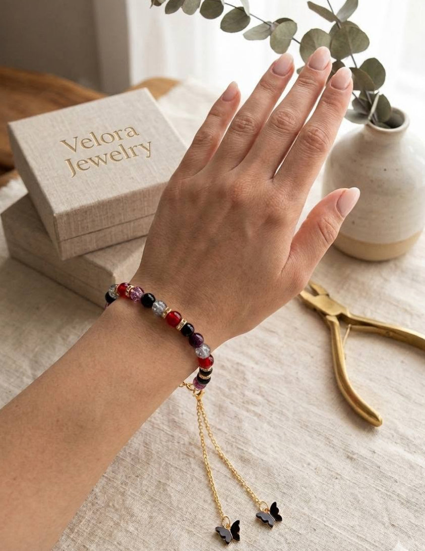 Bangle-style Butterfly Charm Beaded Bracelet