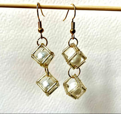 Golden Pearl Cube Earrings
