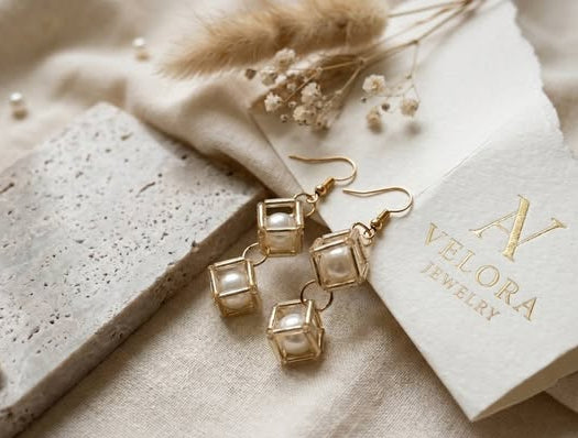 Golden Pearl Cube Earrings