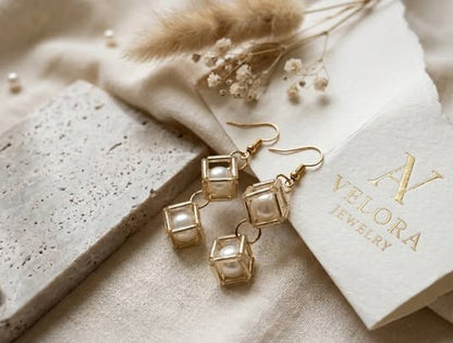 Golden Pearl Cube Earrings