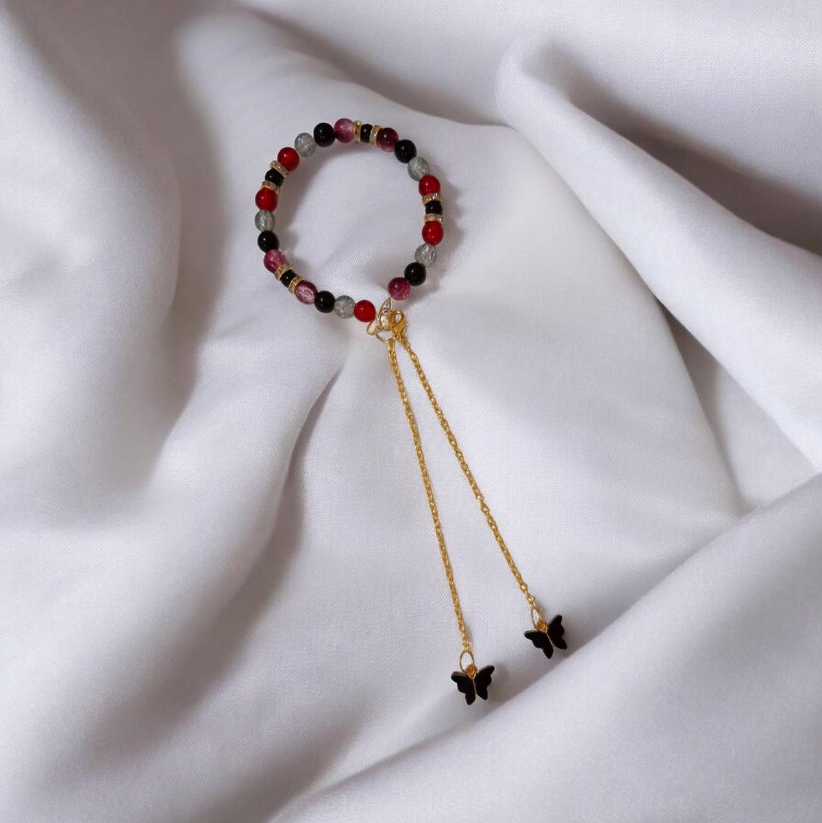 Bangle-style Butterfly Charm Beaded Bracelet