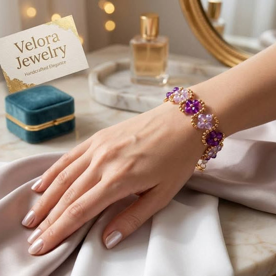 Premium Floral Curved Crystal Beaded Bracelet